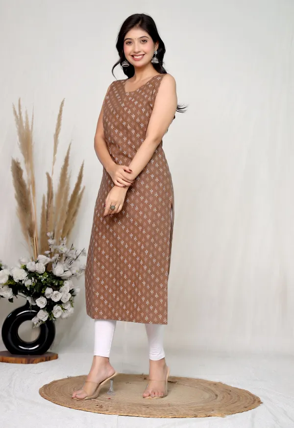 Brown_Cotton_Sleeveless_Floral_Print_Kurta_For_Women