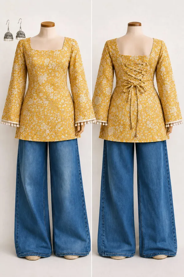 Mustard_Cotton_Flared_Sleeve_Kurti_Top_For_Women