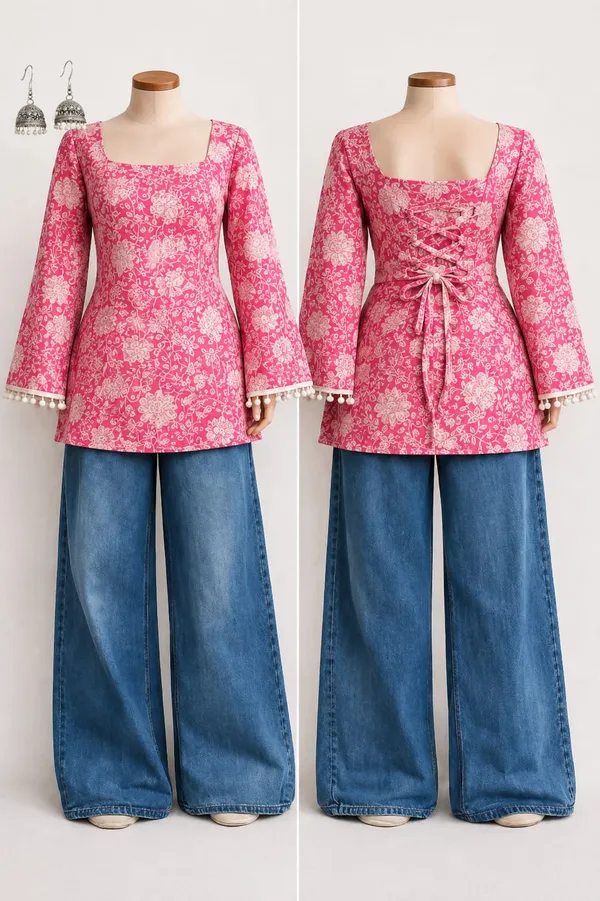 Pink_Cotton_Flared_Sleeve_Lace_Up_Tunic_Top_For_Women