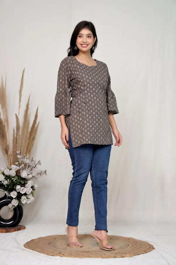 Grey_Cotton_Tie_Waist_Floral_Print_Tunic_For_Women