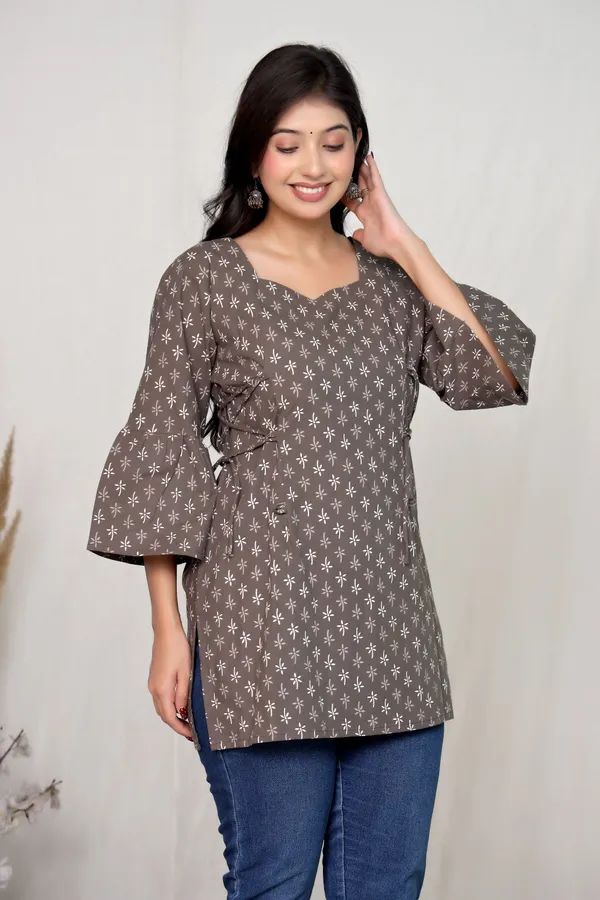 Grey_Cotton_Tie_Waist_Floral_Print_Tunic_For_Women