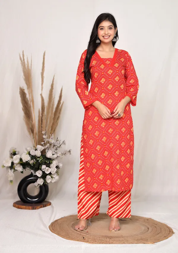 Red_Cotton_Straight_Printed_Kurta_Set_For_Women