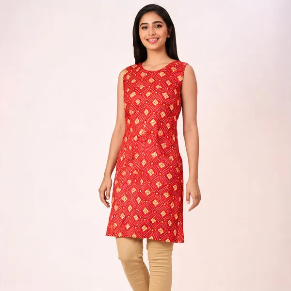 Red_Cotton_Floral_Diamond_Print_Sleeveless_Tie_Back_Kurta_For_Women