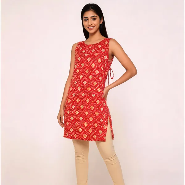 Red_Cotton_Floral_Diamond_Print_Sleeveless_Tie_Back_Kurta_For_Women
