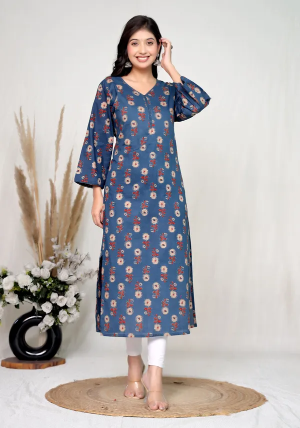 Blue_Cotton_Straight_Floral_Print_Kurta_For_Women