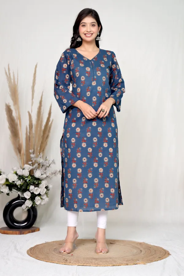 Blue_Cotton_Straight_Floral_Print_Kurta_For_Women