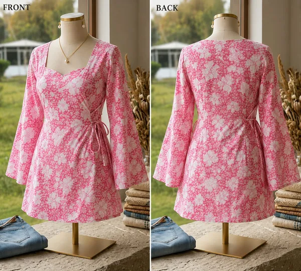 Pink_Cotton_Wrap_Style_Floral_Print_Mini_Dress_For_Women
