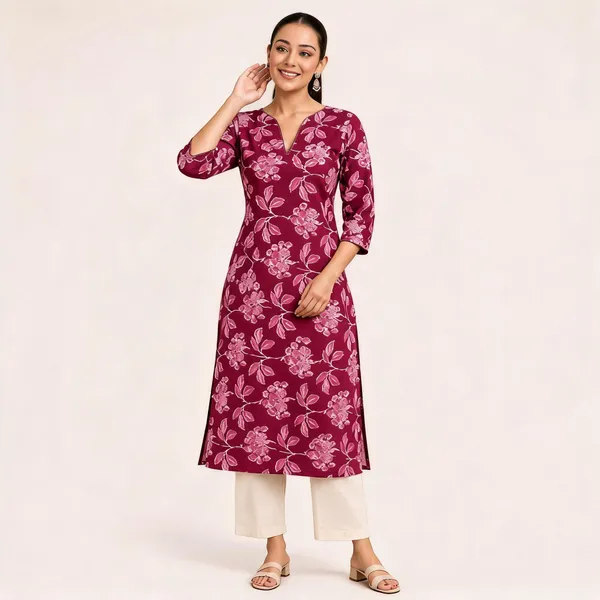 Maroon_Cotton_V_Neck_Straight_Kurta_For_Women