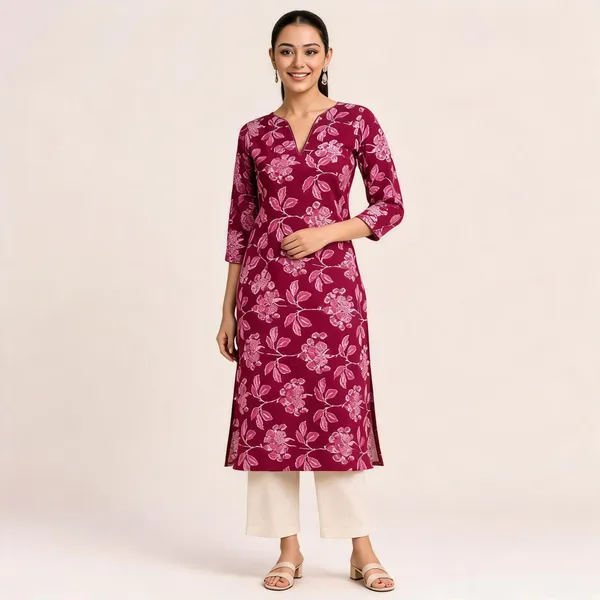 Maroon_Cotton_V_Neck_Straight_Kurta_For_Women
