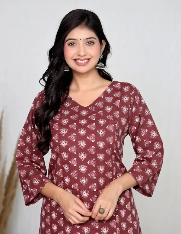 Brown_Cotton_Straight_Floral_Print_Kurti_For_Women