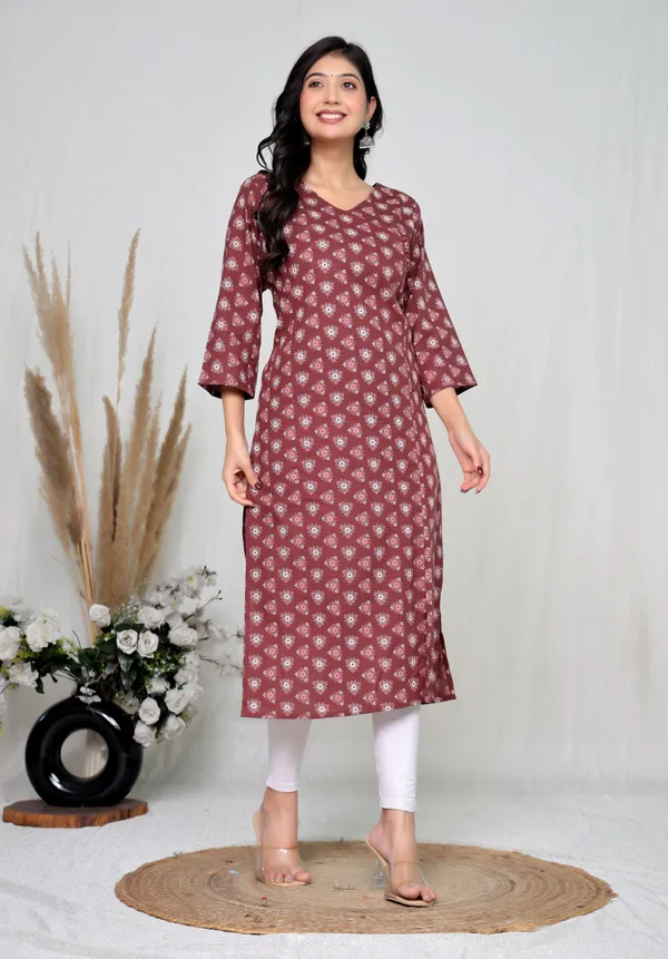 Brown_Cotton_Straight_Floral_Print_Kurti_For_Women