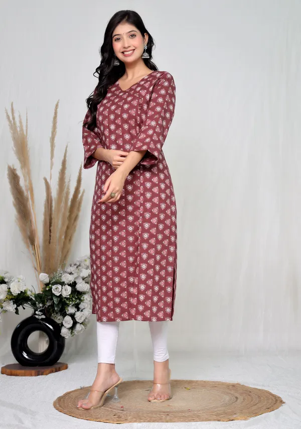 Brown_Cotton_Straight_Floral_Print_Kurti_For_Women