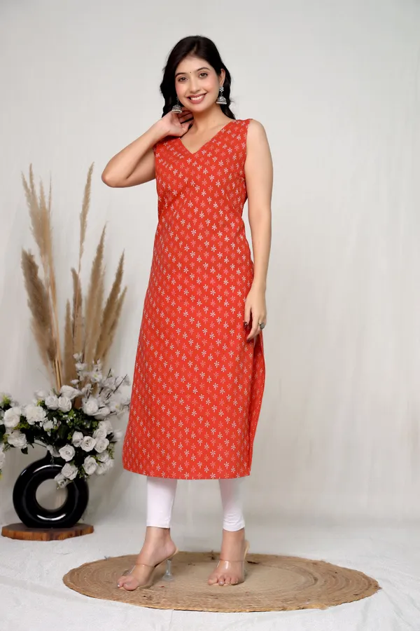Red_Cotton_Sleeveless_Straight_Kurti_For_Women