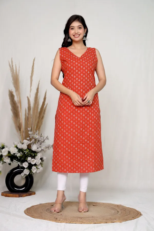Red_Cotton_Sleeveless_Straight_Kurti_For_Women