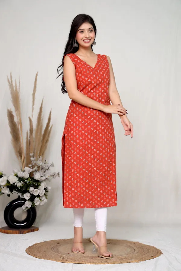 Red_Cotton_Sleeveless_Straight_Kurti_For_Women