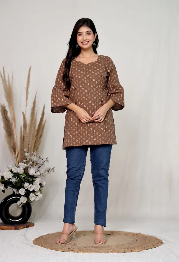 Brown_Cotton_Tie_Waist_Floral_Print_Mini_Dress_For_Women