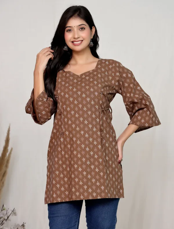 Brown_Cotton_Tie_Waist_Floral_Print_Mini_Dress_For_Women