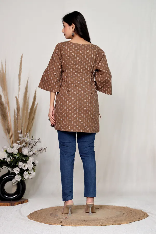 Brown_Cotton_Tie_Waist_Floral_Print_Mini_Dress_For_Women