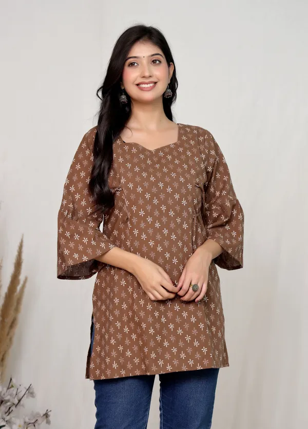 Brown_Cotton_Tie_Waist_Floral_Print_Mini_Dress_For_Women
