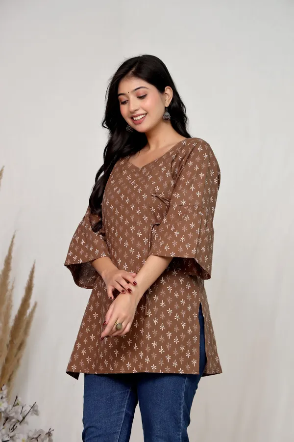 Brown_Cotton_Tie_Waist_Floral_Print_Mini_Dress_For_Women