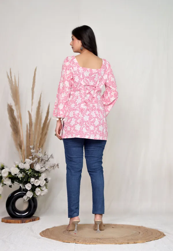 Pink_Cotton_Flared_Sleeve_Lace_Up_Tunic_Top_For_Women