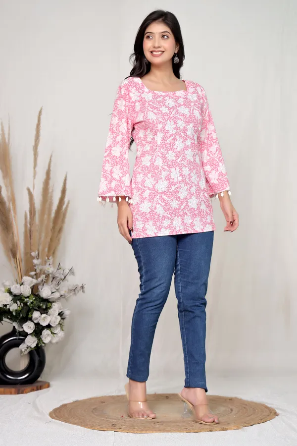 Pink_Cotton_Flared_Sleeve_Lace_Up_Tunic_Top_For_Women