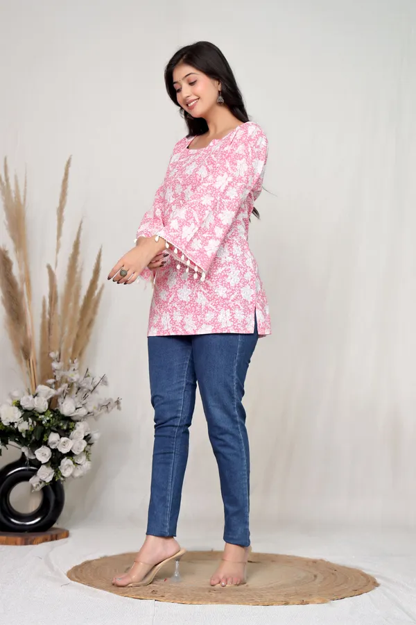 Pink_Cotton_Flared_Sleeve_Lace_Up_Tunic_Top_For_Women