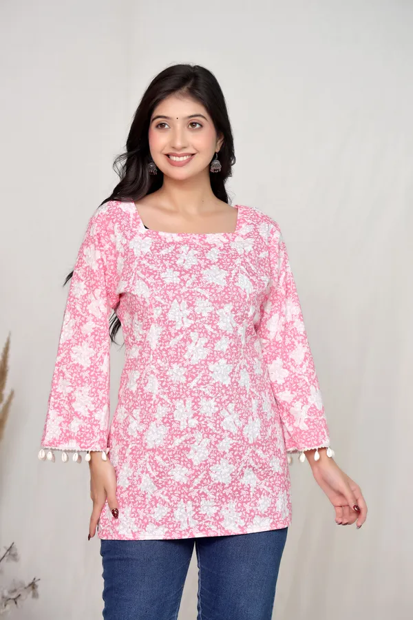 Pink_Cotton_Flared_Sleeve_Lace_Up_Tunic_Top_For_Women