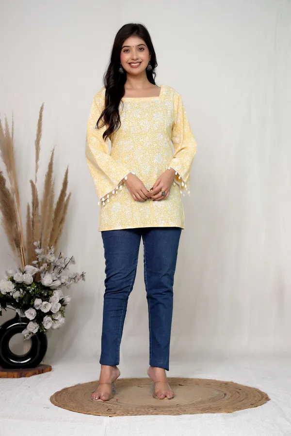 Mustard_Cotton_Flared_Sleeve_Kurti_Top_For_Women