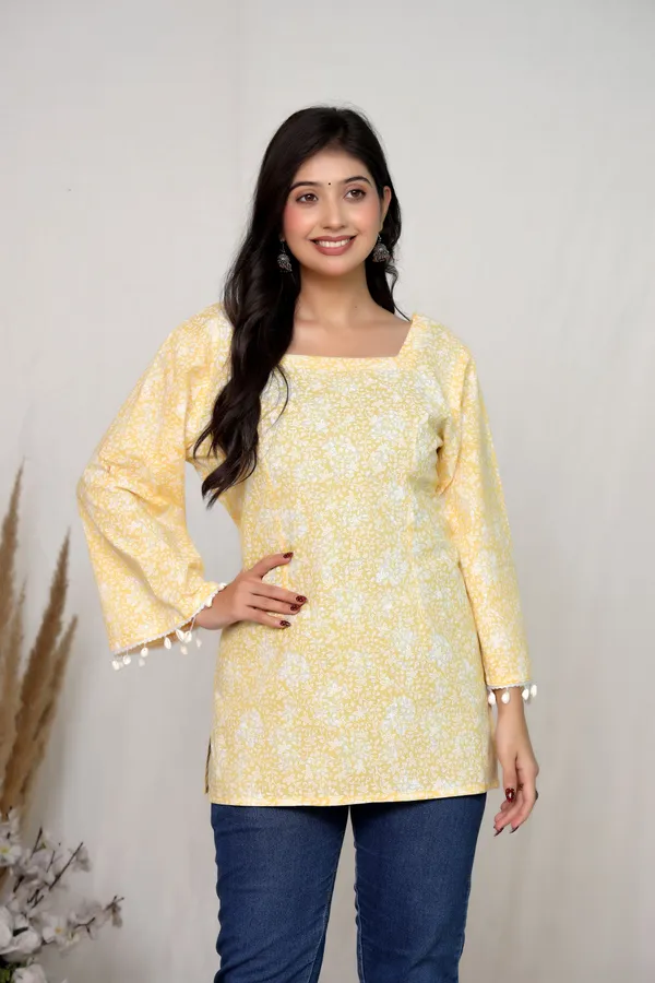 Mustard_Cotton_Flared_Sleeve_Kurti_Top_For_Women