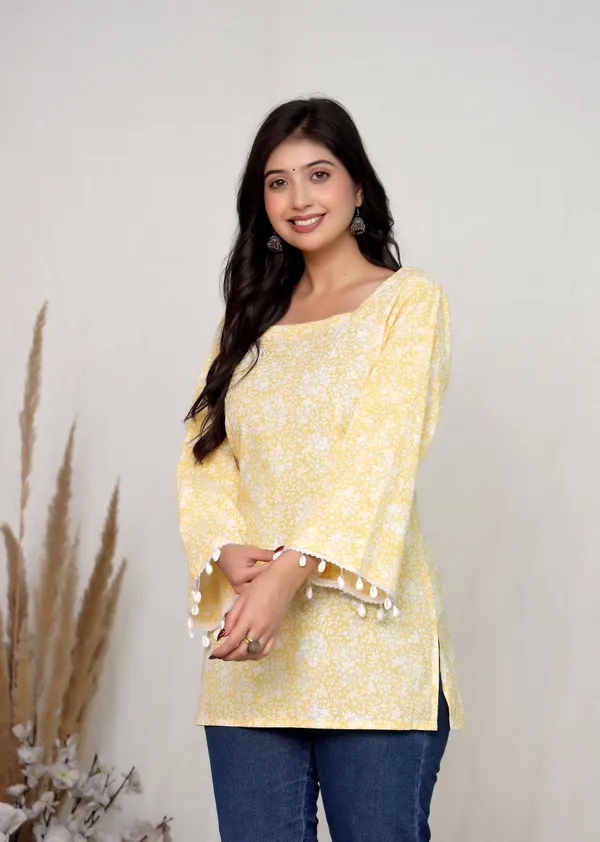 Mustard_Cotton_Flared_Sleeve_Kurti_Top_For_Women