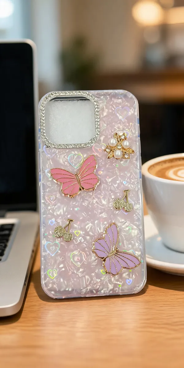 Pink_Clear_Butterfly_Pearl_Charm_Phone_Case_For_Iphone_15_Pro_Max