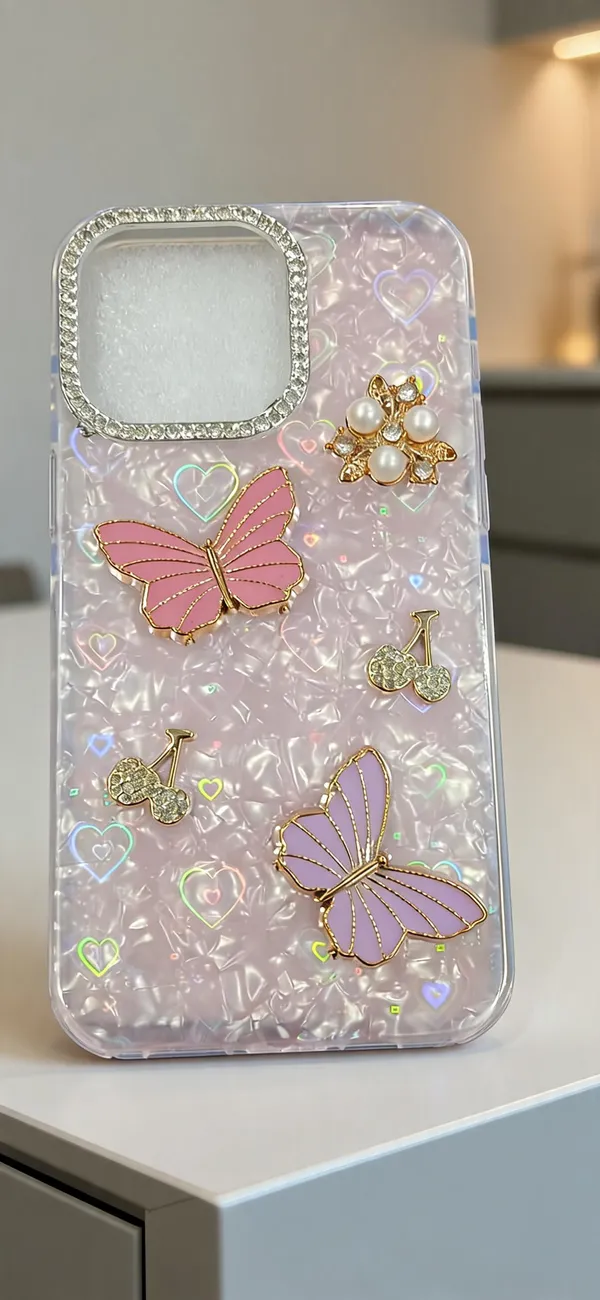 Pink_Clear_Butterfly_Pearl_Charm_Phone_Case_For_Iphone_15_Pro_Max