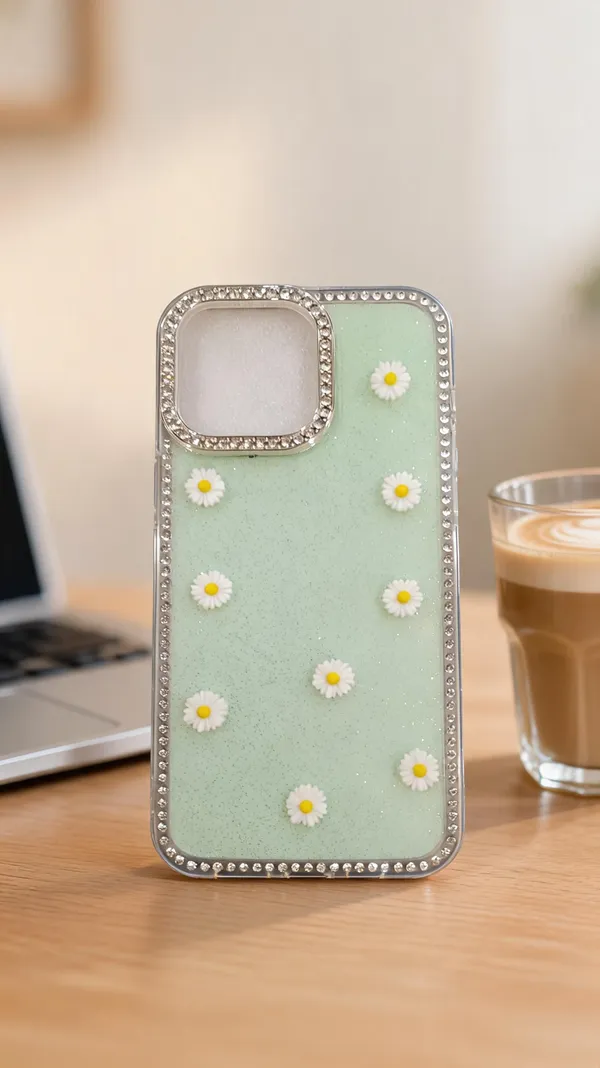 Mint_Green_Daisy_Rhinestone_Acrylic_Phone_Case_For_Iphone_16_Pro