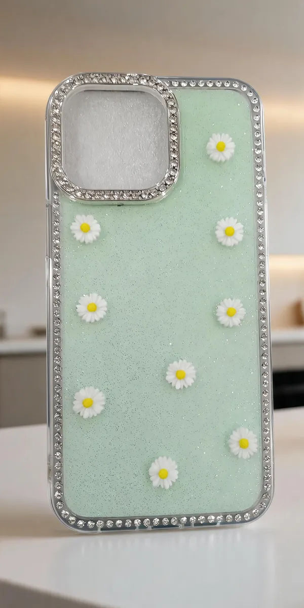 Mint_Green_Daisy_Rhinestone_Acrylic_Phone_Case_For_Iphone_16_Pro