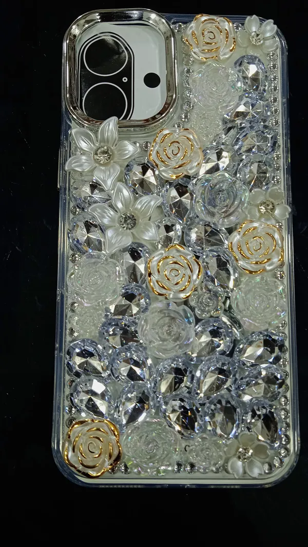 White_Floral_Rhinestone_Embellished_Phone_Case_For_Iphone_16_Plus