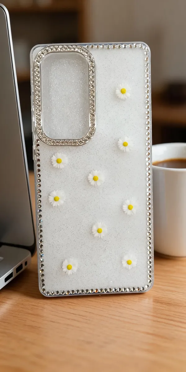 White_Glitter_Daisy_Floral_Phone_Case_For_Samsung_S25U