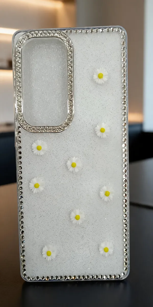 White_Glitter_Daisy_Floral_Phone_Case_For_Samsung_S25U