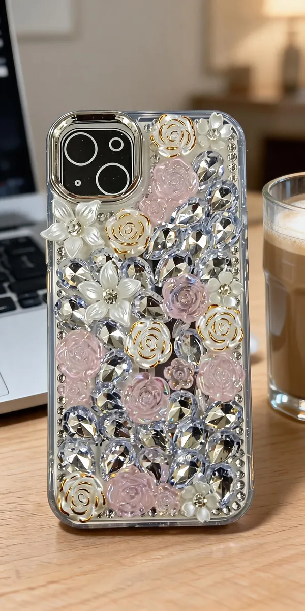 Pink_Clear_Floral_Rhinestone_Phone_Case_For_Iphone_15_Plus