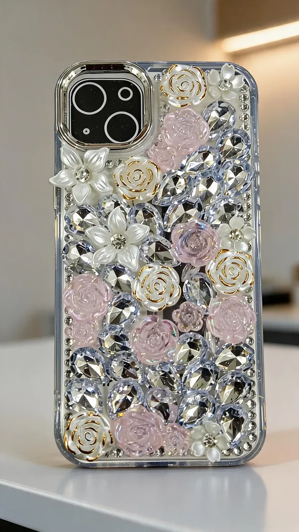 Pink_Clear_Floral_Rhinestone_Phone_Case_For_Iphone_15_Plus