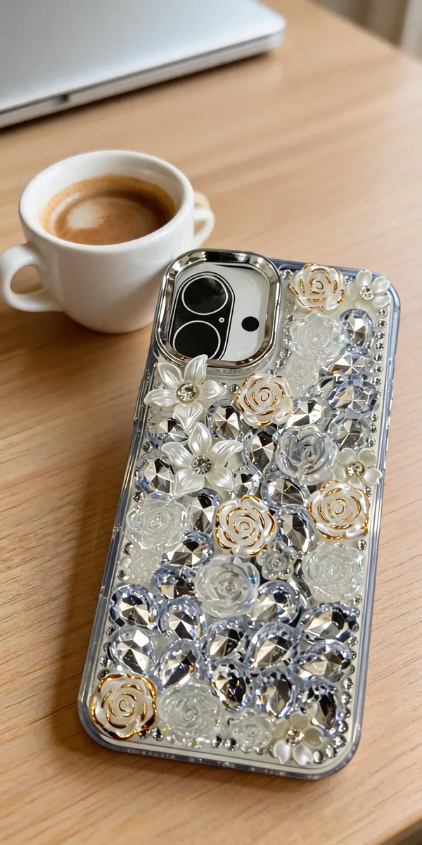 White_Floral_Rhinestone_Embellished_Phone_Case_For_Iphone_16_Plus
