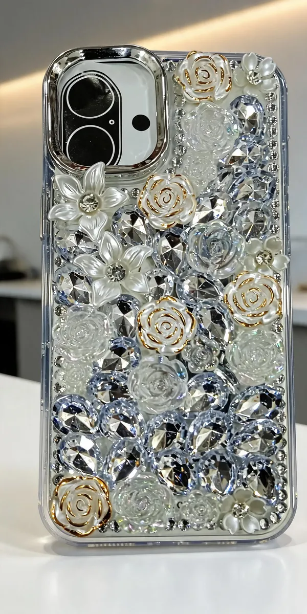 White_Floral_Rhinestone_Embellished_Phone_Case_For_Iphone_16_Plus