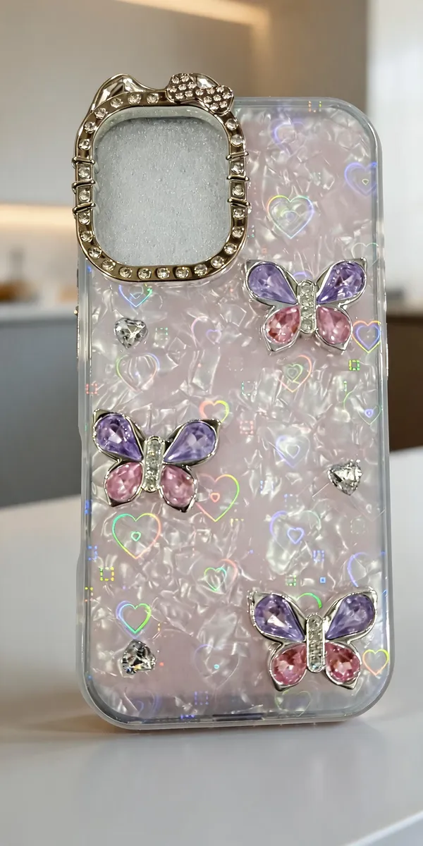 Pink_Transparent_Butterfly_Embellished_Phone_Case_For_Iphone_16