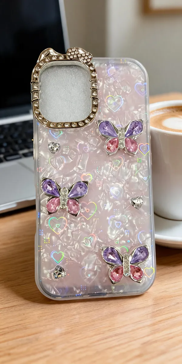 Pink_Transparent_Butterfly_Embellished_Phone_Case_For_Iphone_16