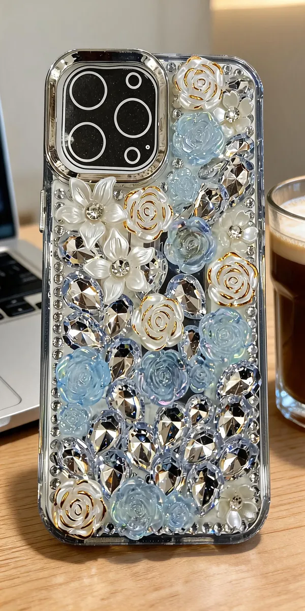 Blue_Floral_Rhinestone_Embellished_Phone_Case_For_Iphone_13_Pro_Max