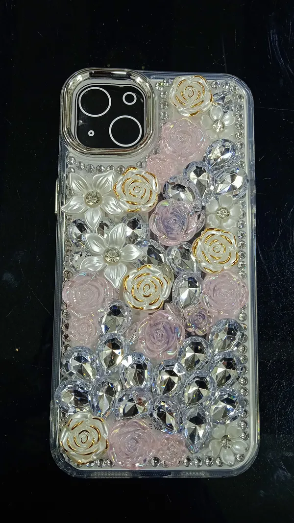 Pink_Clear_Floral_Rhinestone_Phone_Case_For_Iphone_14_Plus