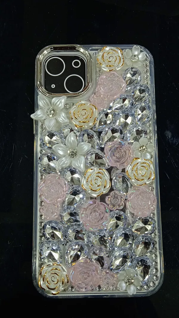 Pink_Clear_Floral_Rhinestone_Phone_Case_For_Iphone_15_Plus