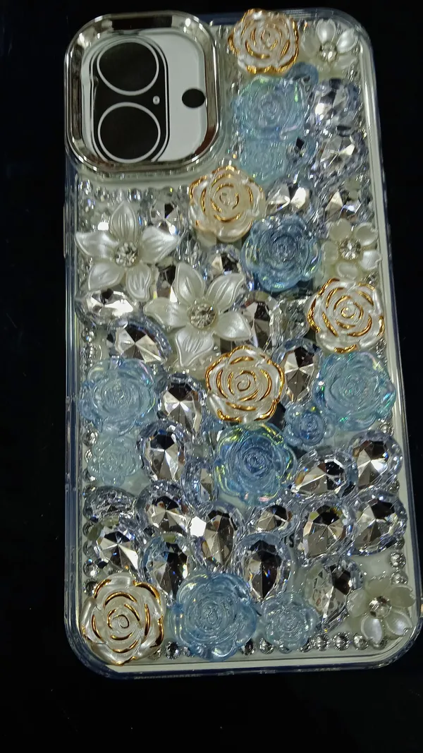 Blue_3D_Floral_Crystal_Embellished_Phone_Case_For_Iphone_16_Plus