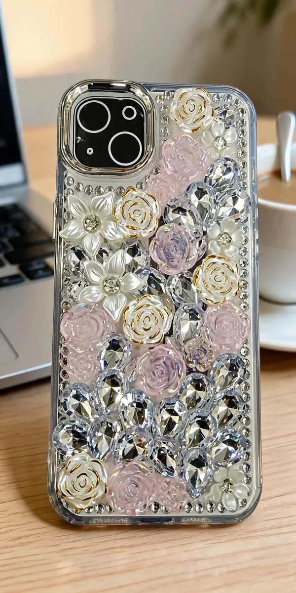 Pink_Clear_Floral_Rhinestone_Phone_Case_For_Iphone_14_Plus