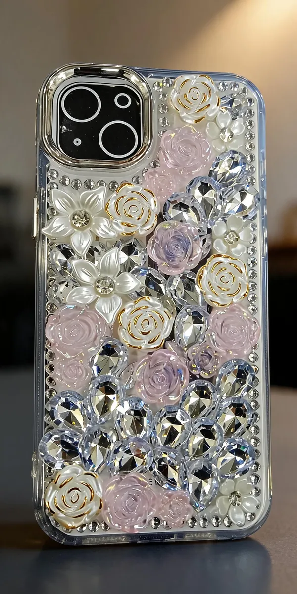 Pink_Clear_Floral_Rhinestone_Phone_Case_For_Iphone_14_Plus